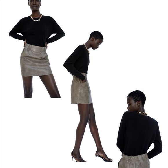 ZARA taupe brown Faux leather paperbag miniskirt with pockets size medium - Picture 2 of 15
